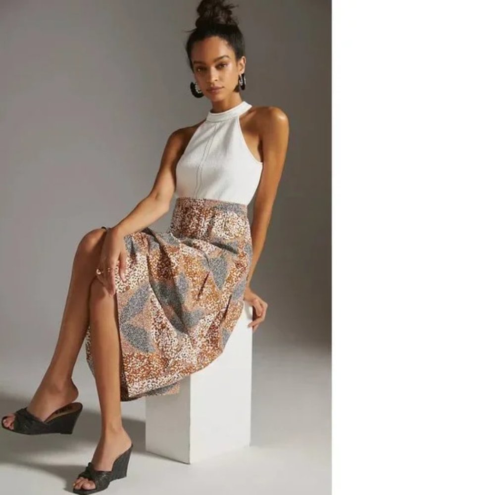 Anthropologie White Halter Top with Multi-Color Midi Skirt